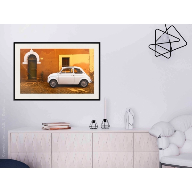 Plakat w ramie biały samochód retro vintage architektura