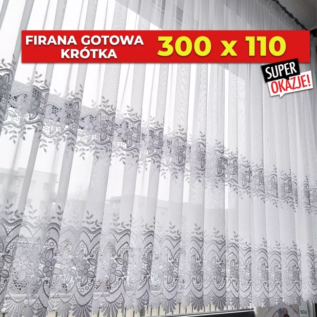 Firana outlet gotowa krótka 300x110  - gipiurowa Stokrotka - na karnisz od 130 do 200cm