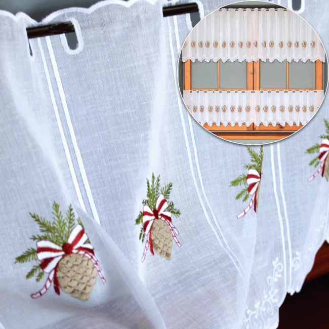 Zazdrostka świąteczna na okno panelowa SZYSZKA na patyczek biała z haftem - możliwy komplet 40cm i 60cm - bez obszywania